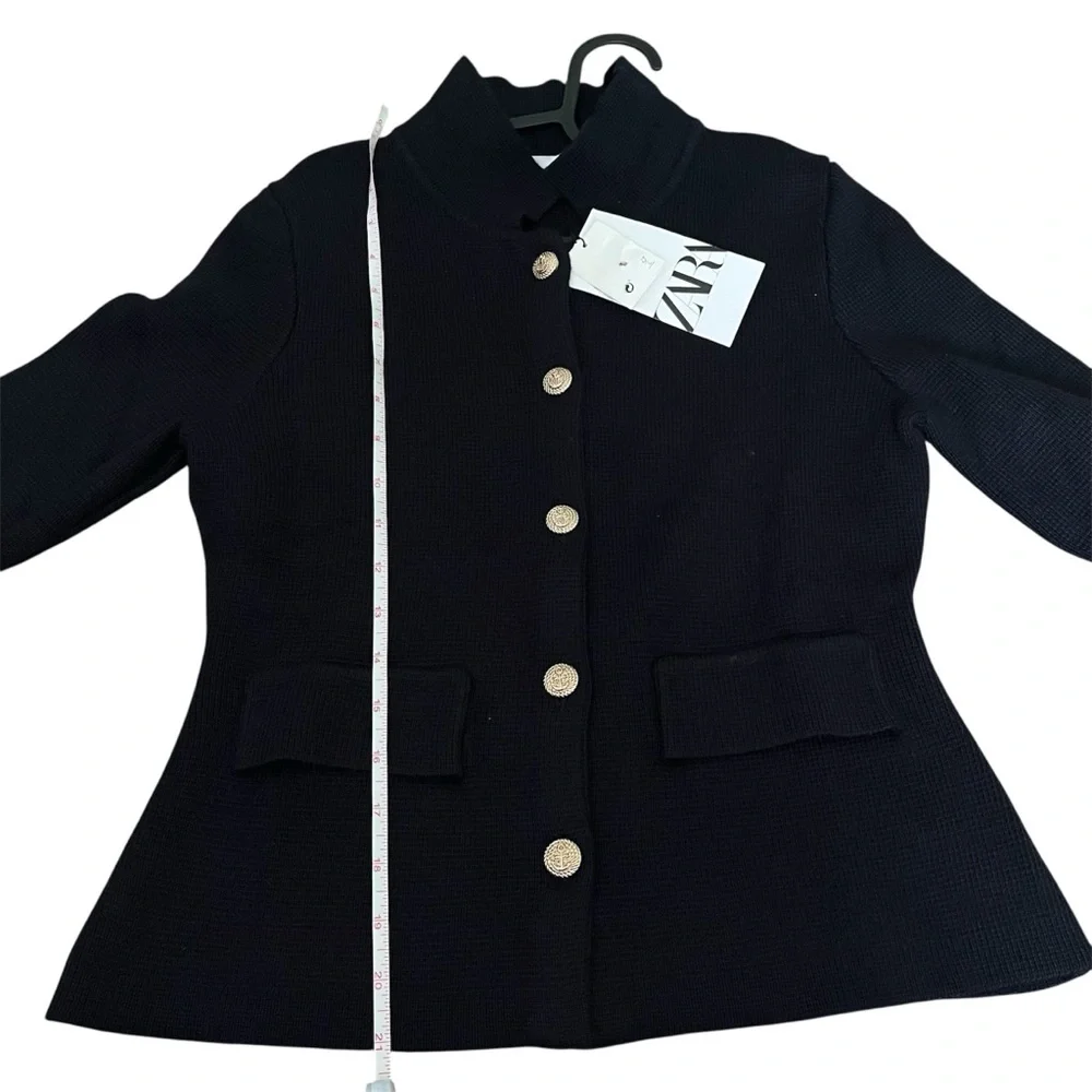 Zara Navy Blue Knit Cardigan Gold tone Button Long Sleeves Blazer style Size S - Picture 7 of 7